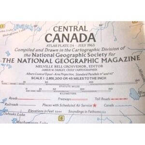 1963 Vintage National‎ Geographic Map Central Canada, July 1963